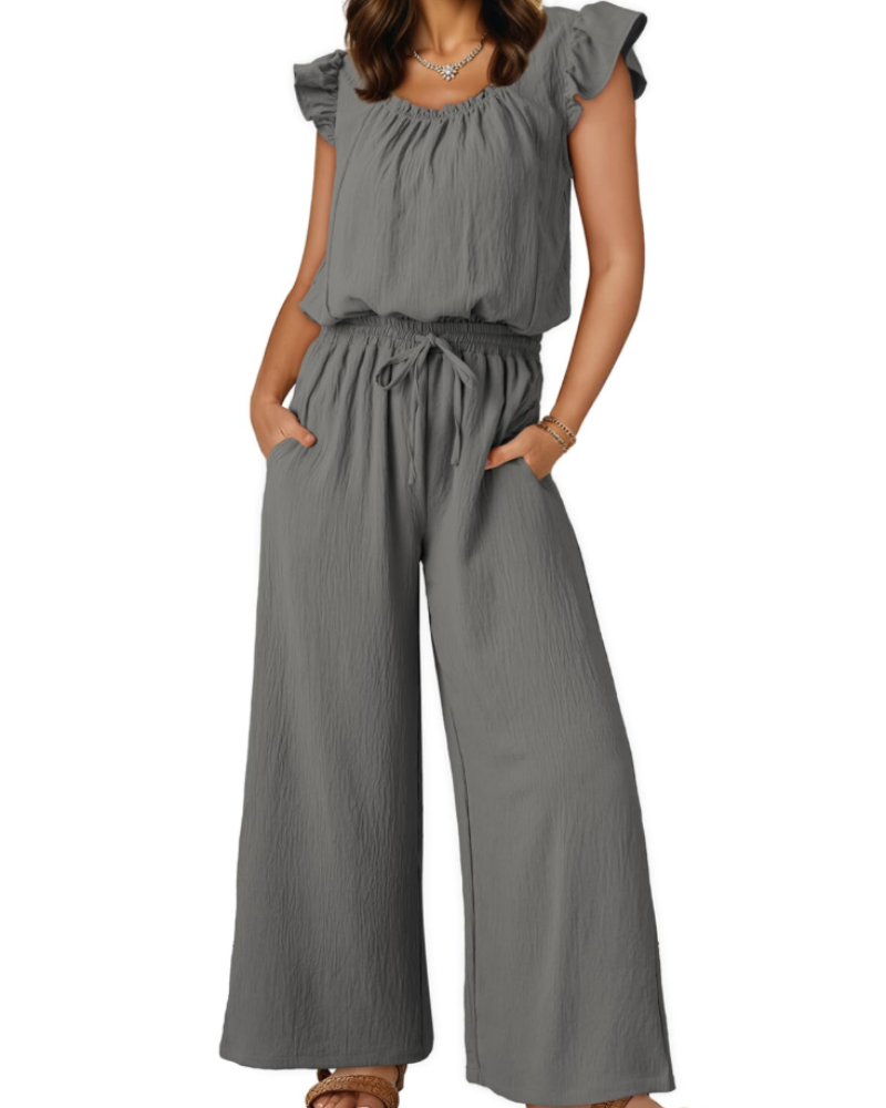 Hazel Damen-Sommeroverall – Volantärmel, eckiger Ausschnitt & weiter Hosenbein