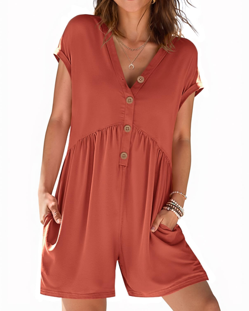 Audrey Combishort Femme Été – Col V Boutonné & Taille Élastique avec Poches