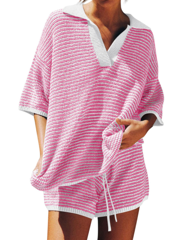 Chloe Ensemble Femme Lounge – Pull Col V Oversize & Short Taille Haute