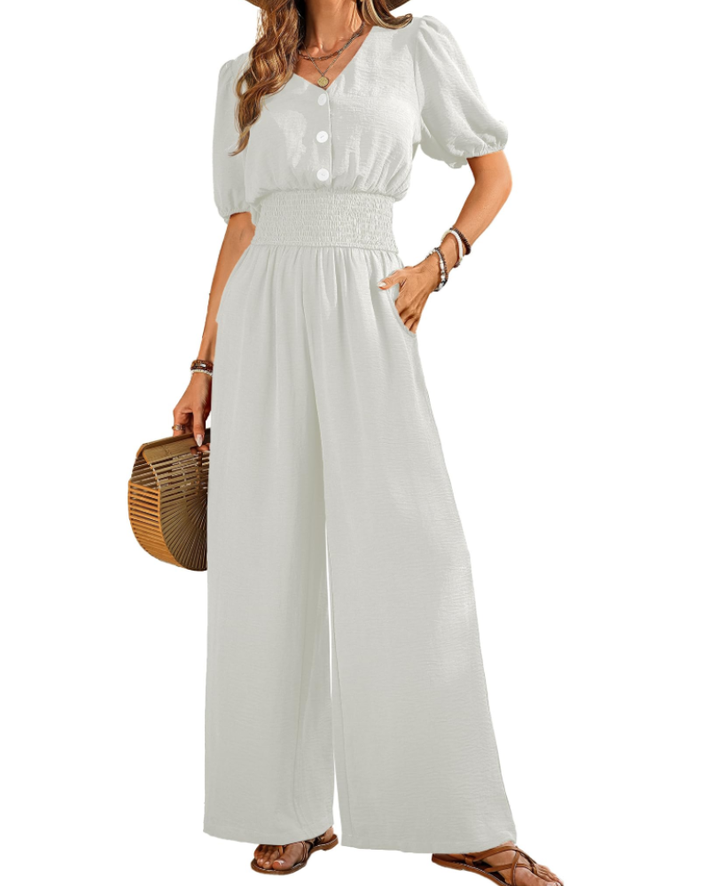 Stella Combinaison Femme Été – Col V Boutonné & Pantalon Large avec Poches