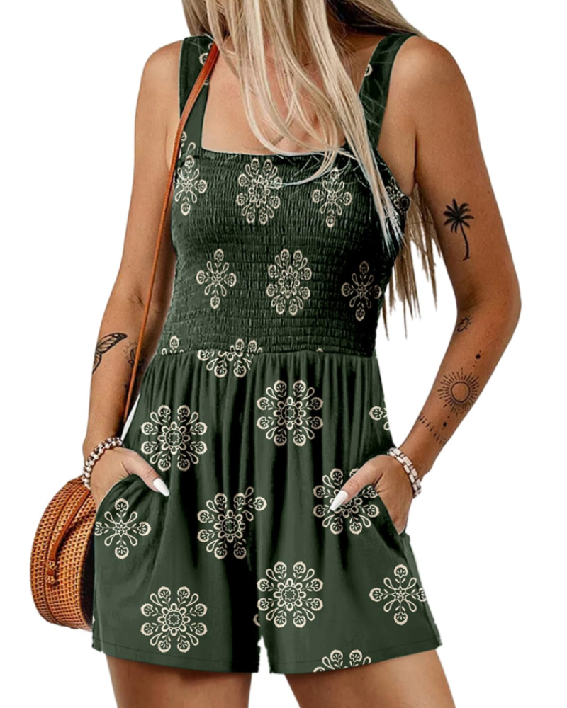 Savannah Damen-Sommer-Overall – Geraffter, quadratischer Ausschnitt mit Taschen