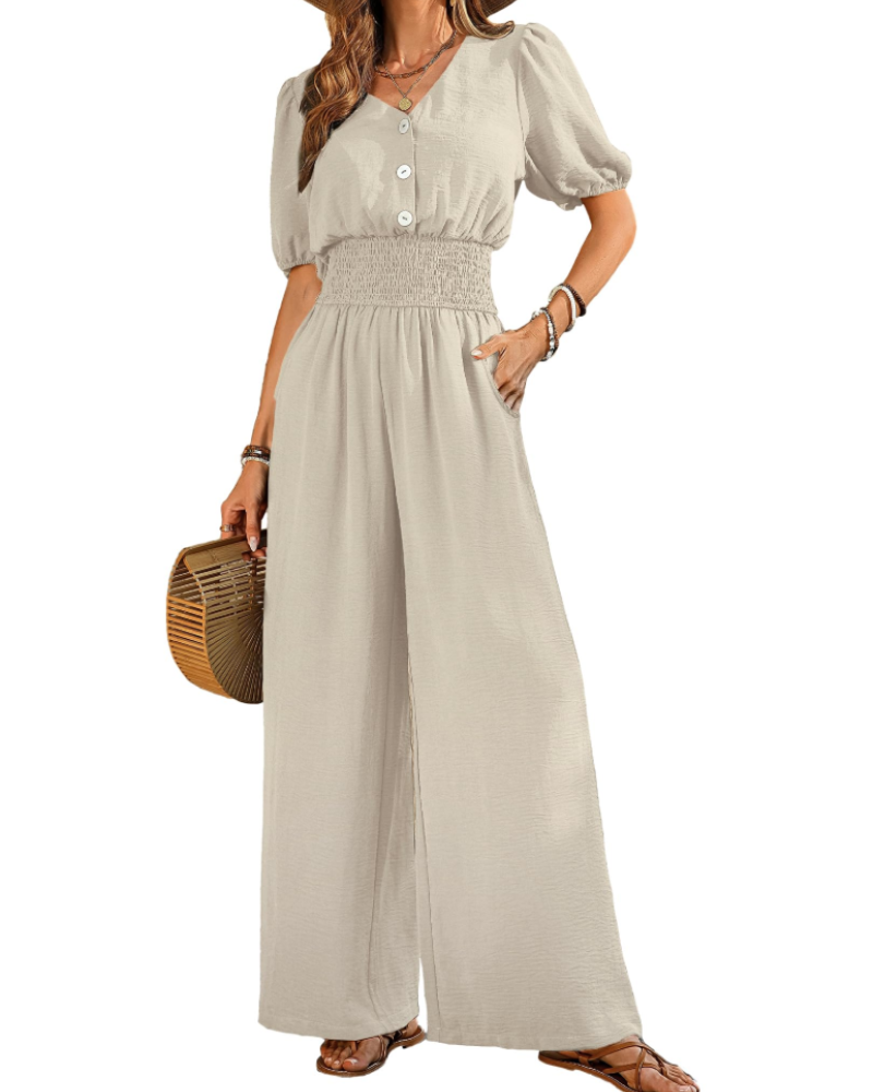 Stella Combinaison Femme Été – Col V Boutonné & Pantalon Large avec Poches