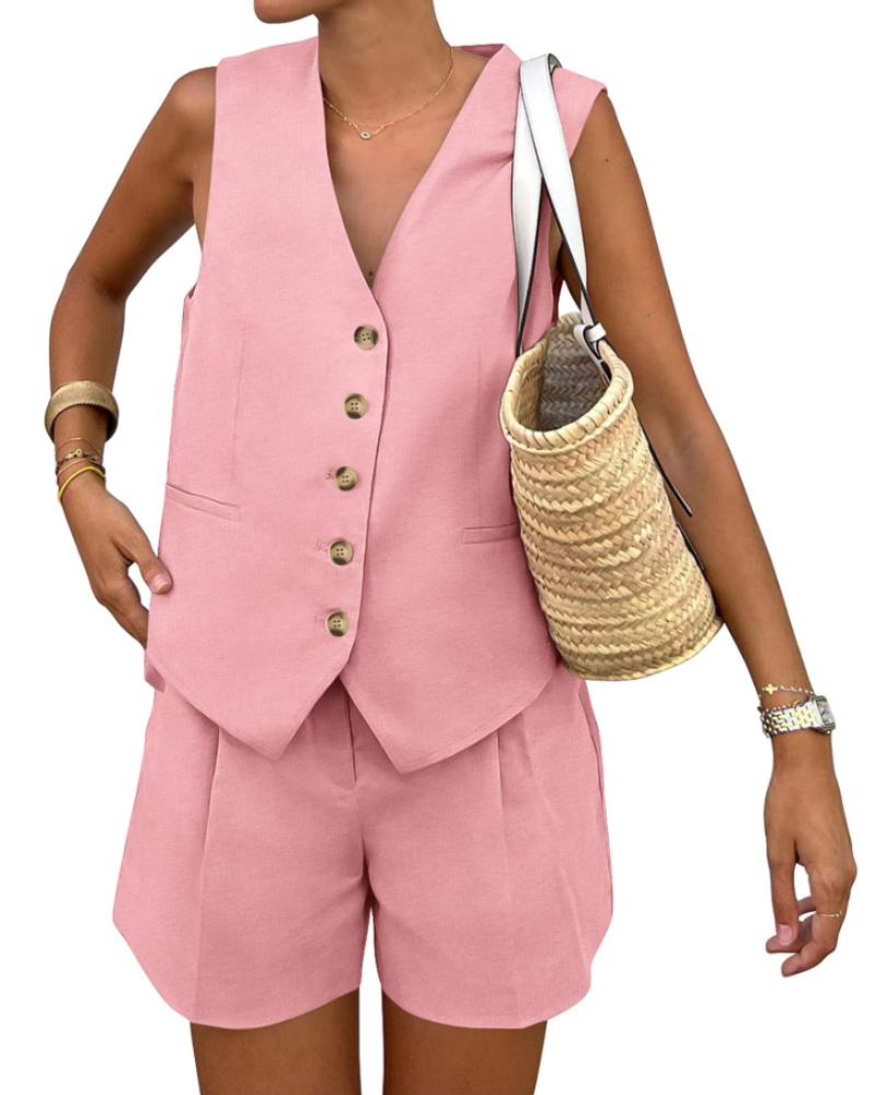 Σετ Γυναικείο Καλοκαιρινό Nora – Αμάνικο Γιλέκο & Σορτς Ψηλόμεσο με Τσέπες