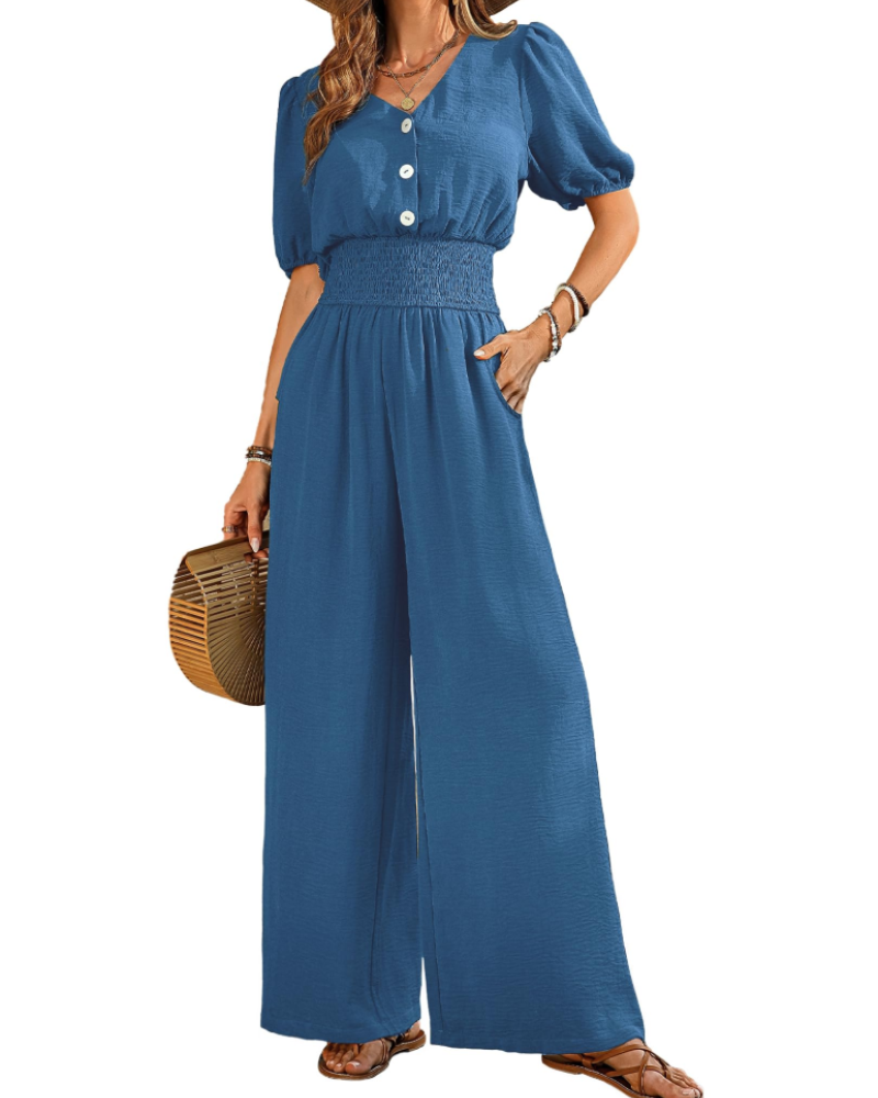 Stella Combinaison Femme Été – Col V Boutonné & Pantalon Large avec Poches