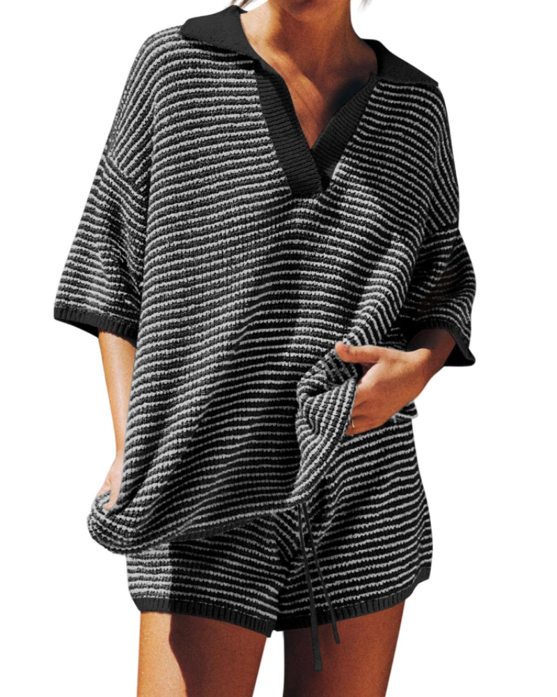 Chloe Ensemble Femme Lounge – Pull Col V Oversize & Short Taille Haute