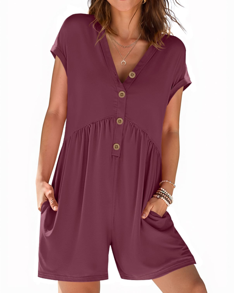 Audrey Combishort Femme Été – Col V Boutonné & Taille Élastique avec Poches