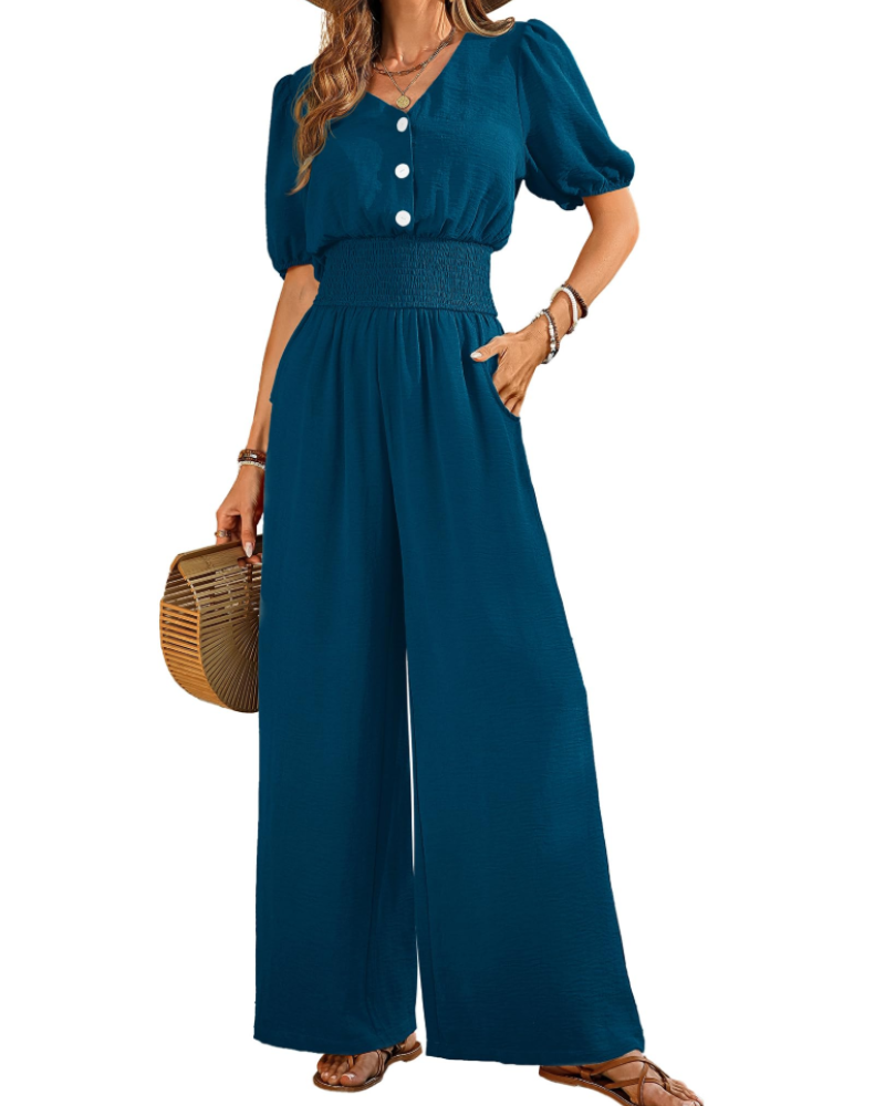 Stella Combinaison Femme Été – Col V Boutonné & Pantalon Large avec Poches