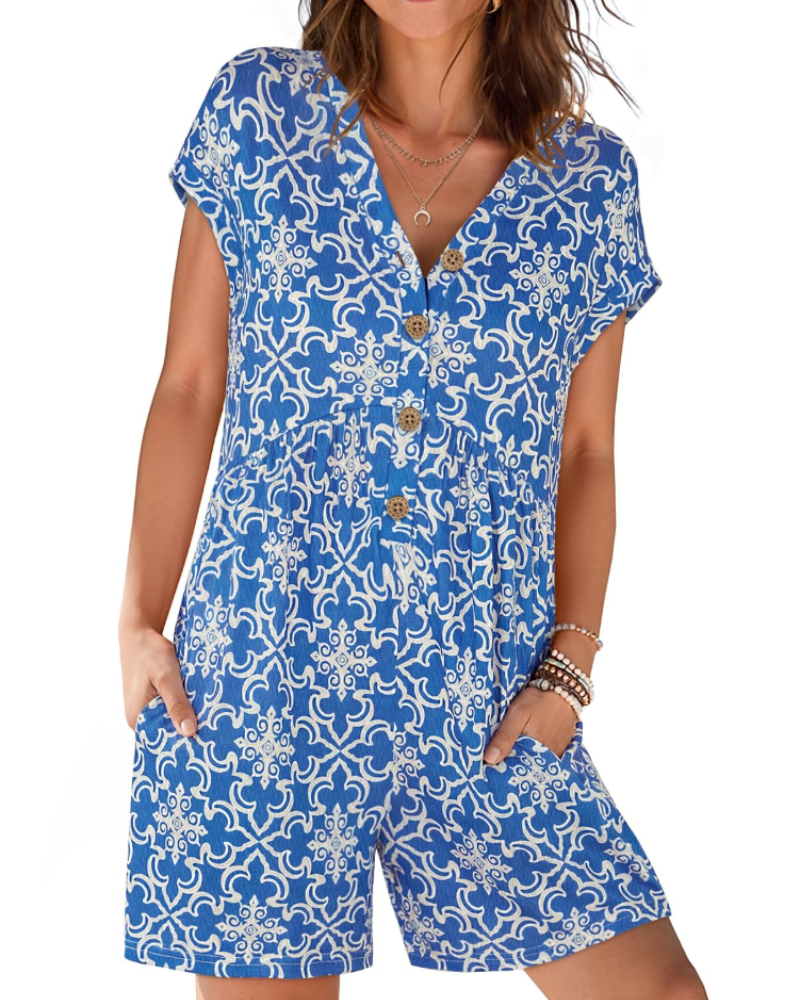 Audrey Combishort Femme Été – Col V Boutonné & Taille Élastique avec Poches