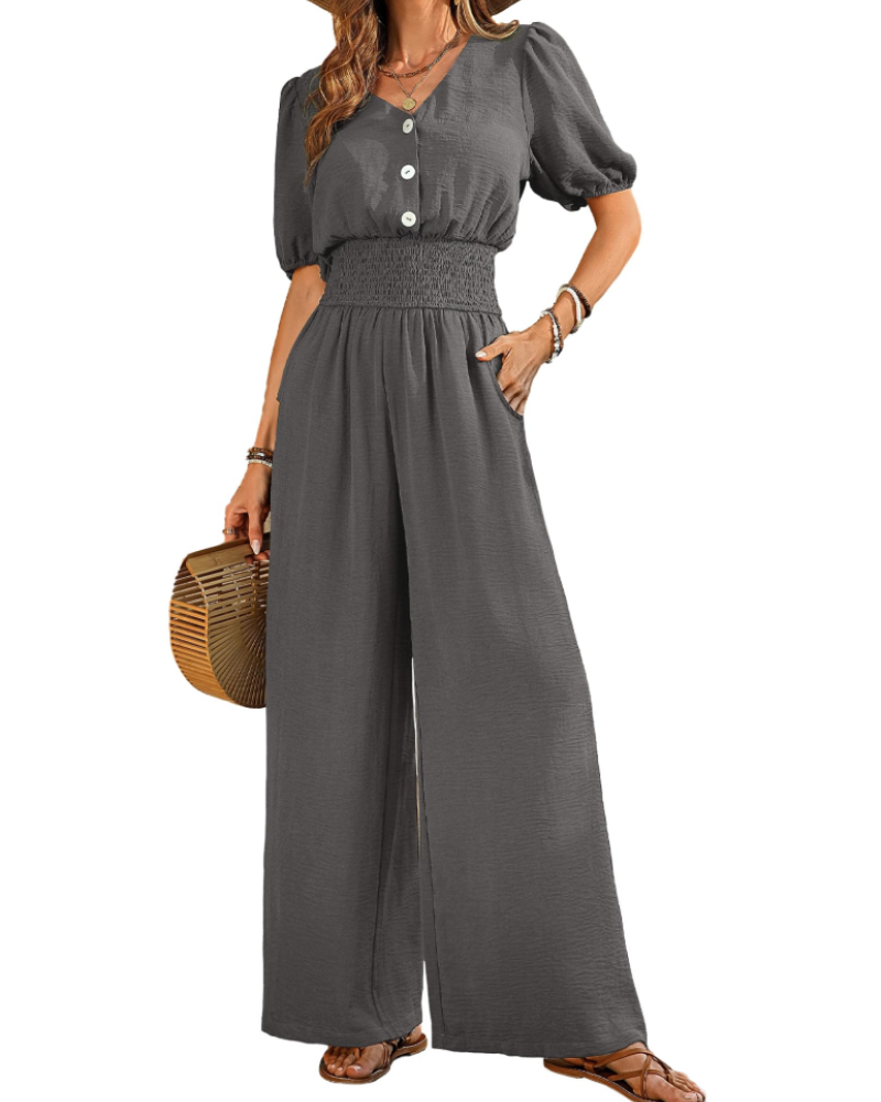 Stella Combinaison Femme Été – Col V Boutonné & Pantalon Large avec Poches