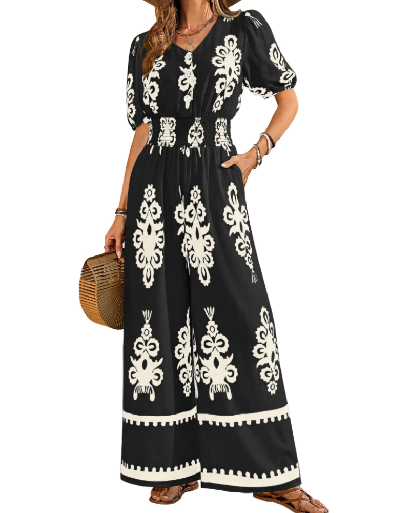 Stella Combinaison Femme Été – Col V Boutonné & Pantalon Large avec Poches