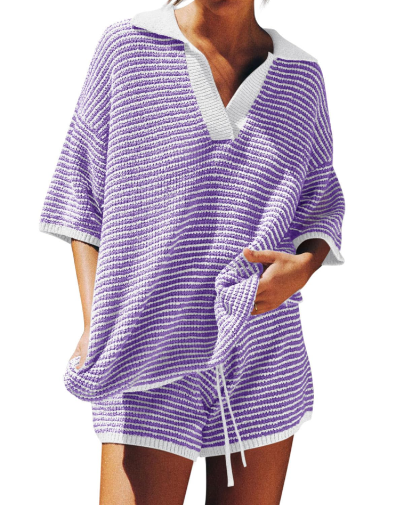 Chloe Ensemble Femme Lounge – Pull Col V Oversize & Short Taille Haute