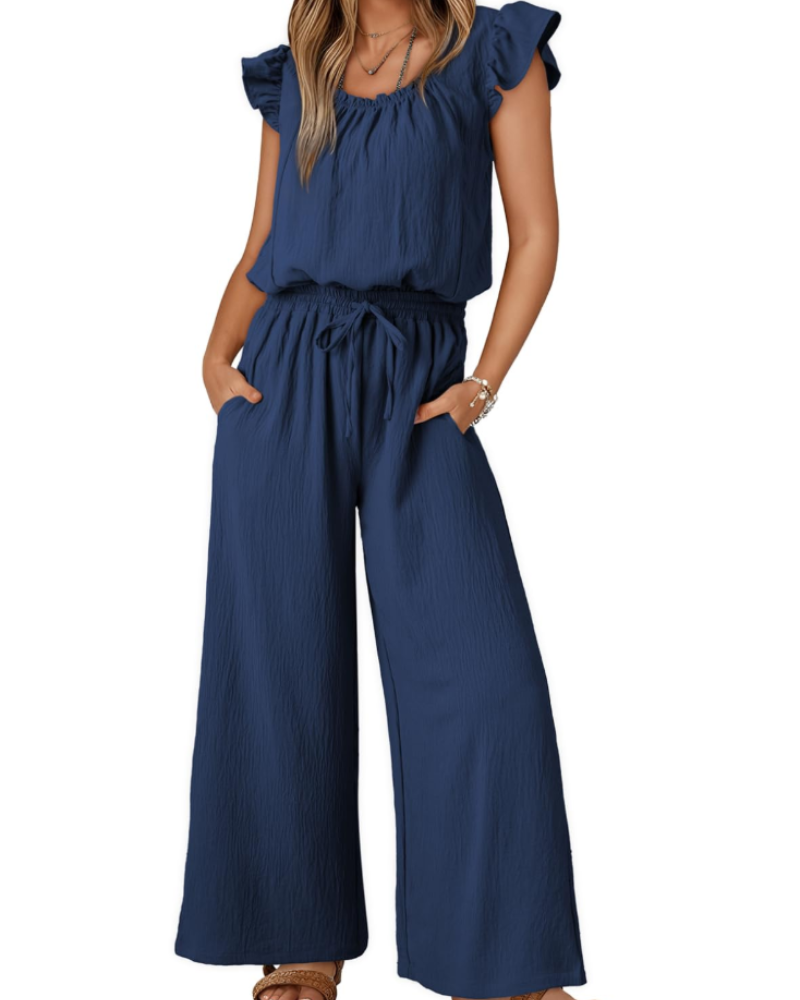 Hazel Damen-Sommeroverall – Volantärmel, eckiger Ausschnitt & weiter Hosenbein