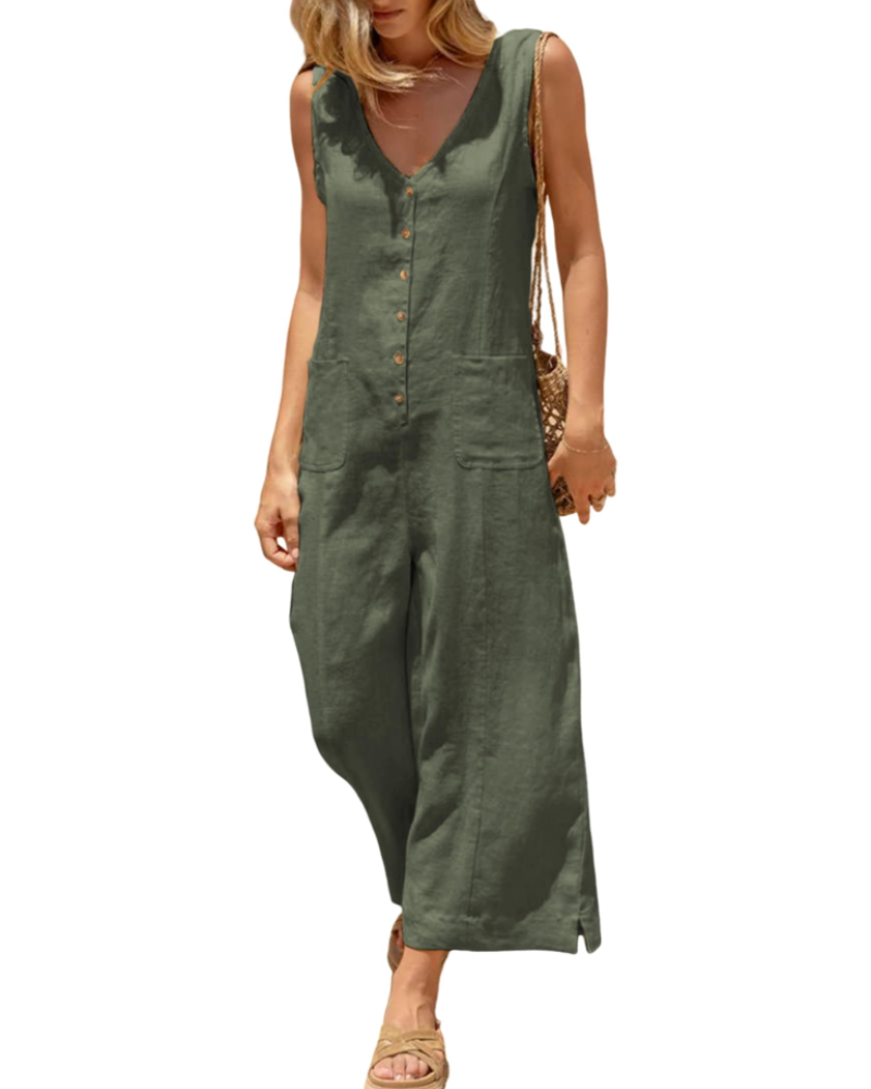 Grace Combinaison Femme Été – Lin Coton Col V Boutonné avec Poches