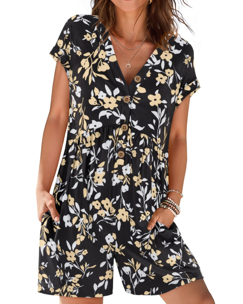 Audrey Combishort Femme Été – Col V Boutonné & Taille Élastique avec Poches