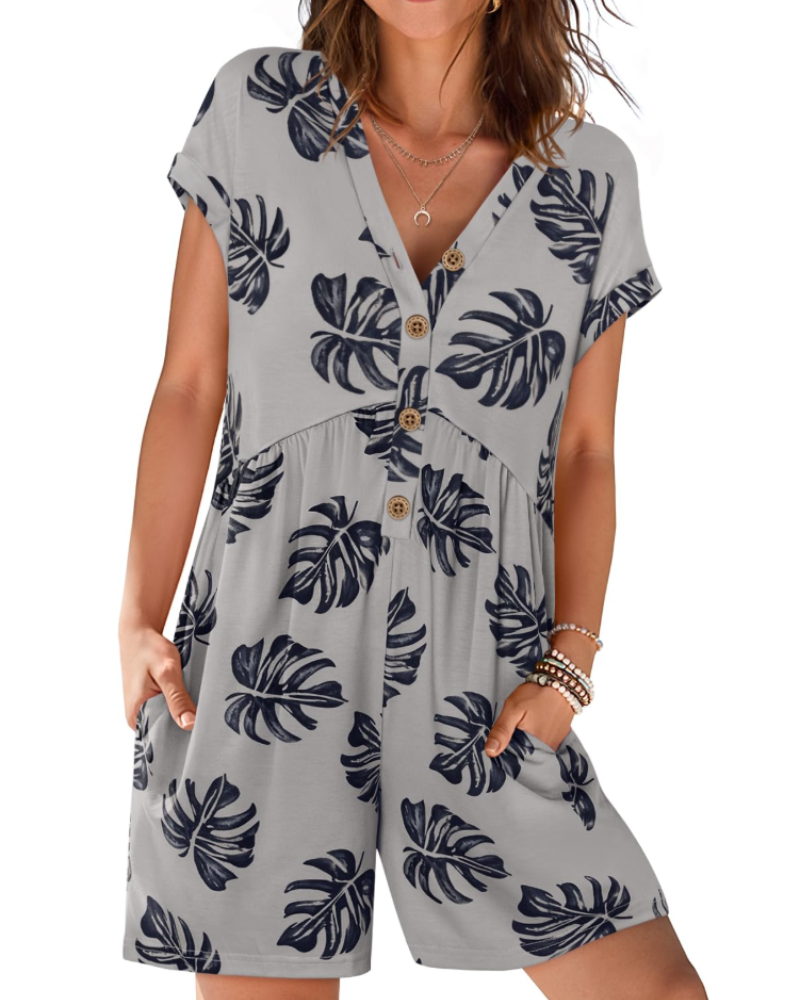 Audrey Combishort Femme Été – Col V Boutonné & Taille Élastique avec Poches