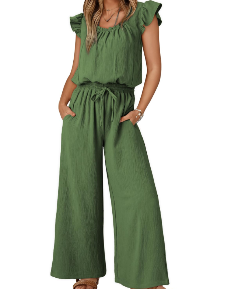 Hazel Damen-Sommeroverall – Volantärmel, eckiger Ausschnitt & weiter Hosenbein