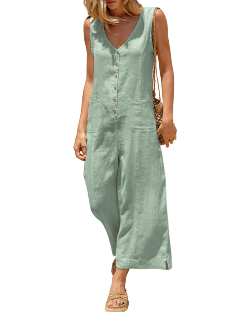 Grace Combinaison Femme Été – Lin Coton Col V Boutonné avec Poches