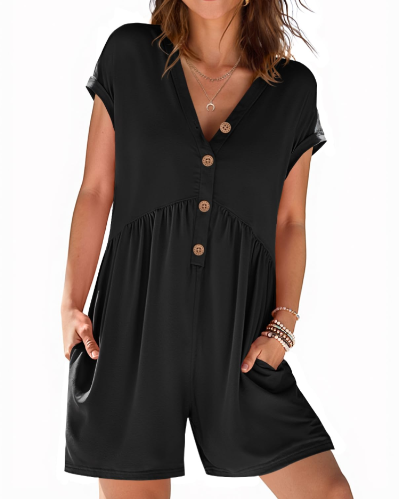 Audrey Combishort Femme Été – Col V Boutonné & Taille Élastique avec Poches