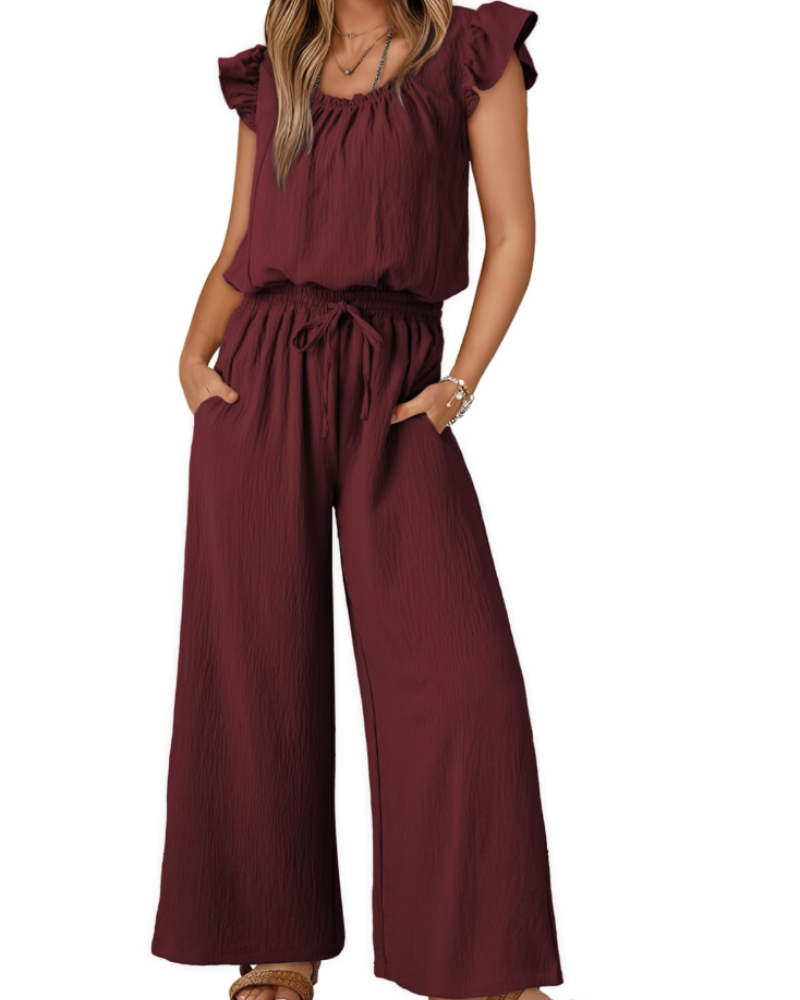 Hazel Damen-Sommeroverall – Volantärmel, eckiger Ausschnitt & weiter Hosenbein