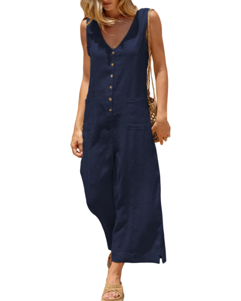 Grace Combinaison Femme Été – Lin Coton Col V Boutonné avec Poches