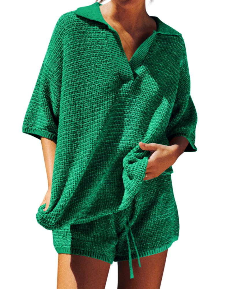 Chloe Ensemble Femme Lounge – Pull Col V Oversize & Short Taille Haute
