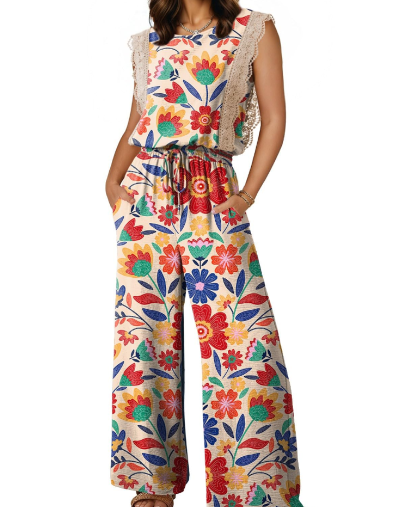 Eleanor Combinaison Femme Été – Dentelle Manches Courtes & Pantalon Large