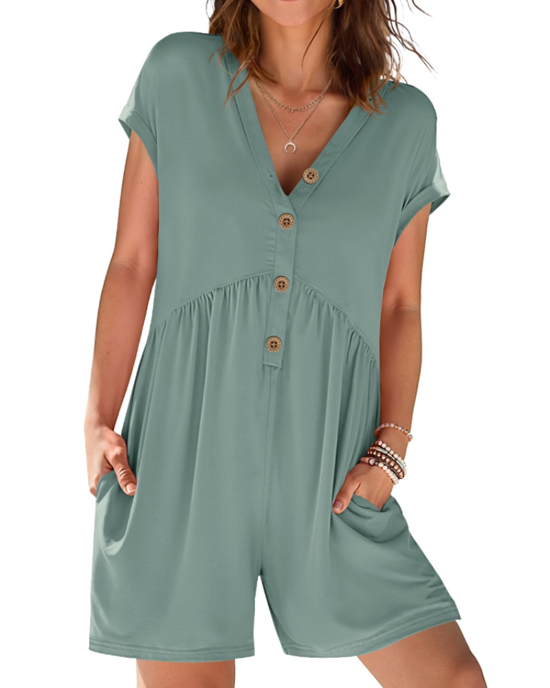 Audrey Combishort Femme Été – Col V Boutonné & Taille Élastique avec Poches