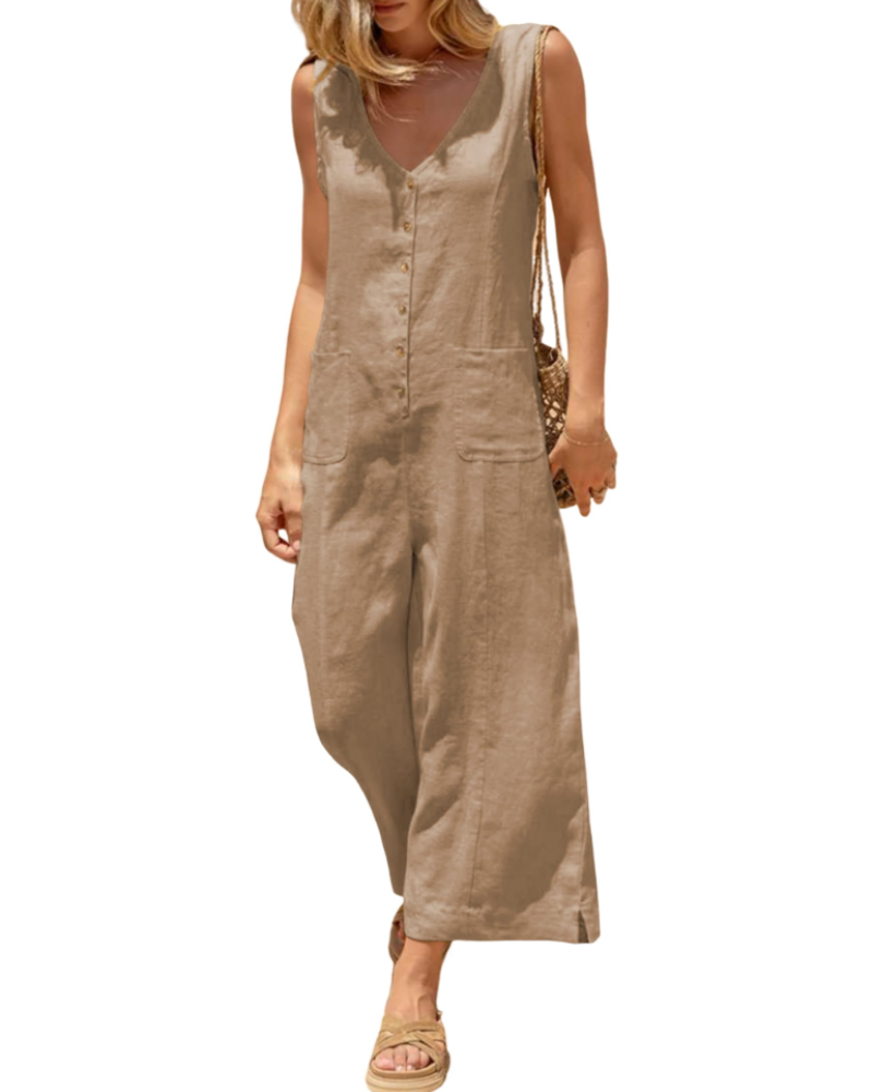 Grace Combinaison Femme Été – Lin Coton Col V Boutonné avec Poches