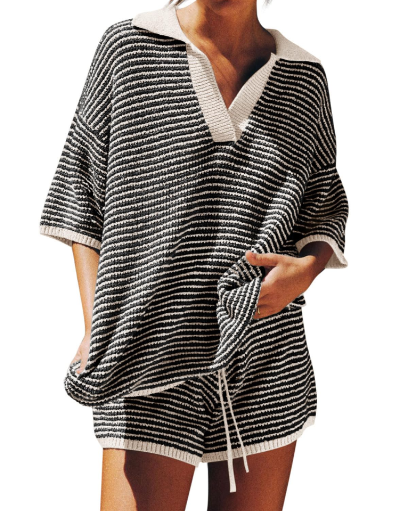 Chloe Ensemble Femme Lounge – Pull Col V Oversize & Short Taille Haute