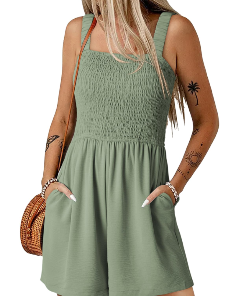 Savannah Damen-Sommer-Overall – Geraffter, quadratischer Ausschnitt mit Taschen