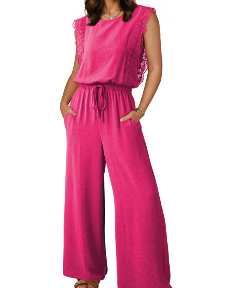 Eleanor Combinaison Femme Été – Dentelle Manches Courtes & Pantalon Large