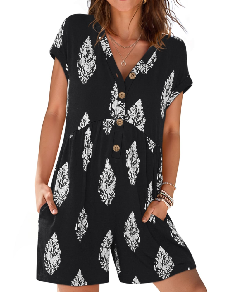 Audrey Combishort Femme Été – Col V Boutonné & Taille Élastique avec Poches