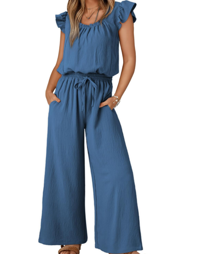Hazel Damen-Sommeroverall – Volantärmel, eckiger Ausschnitt & weiter Hosenbein