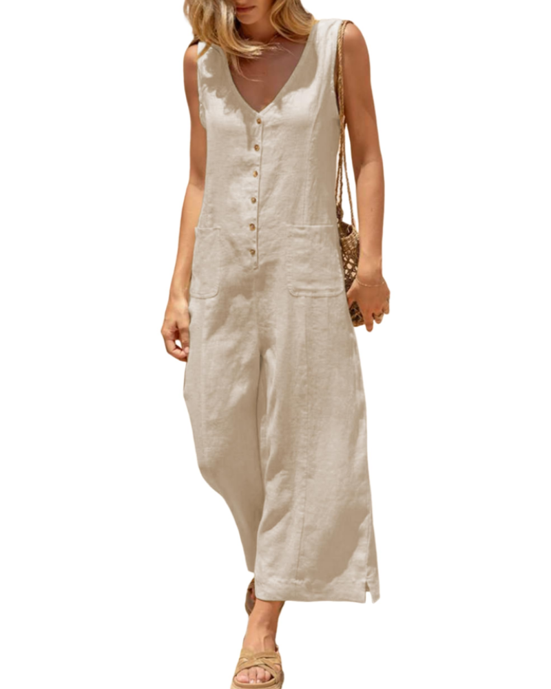 Grace Combinaison Femme Été – Lin Coton Col V Boutonné avec Poches