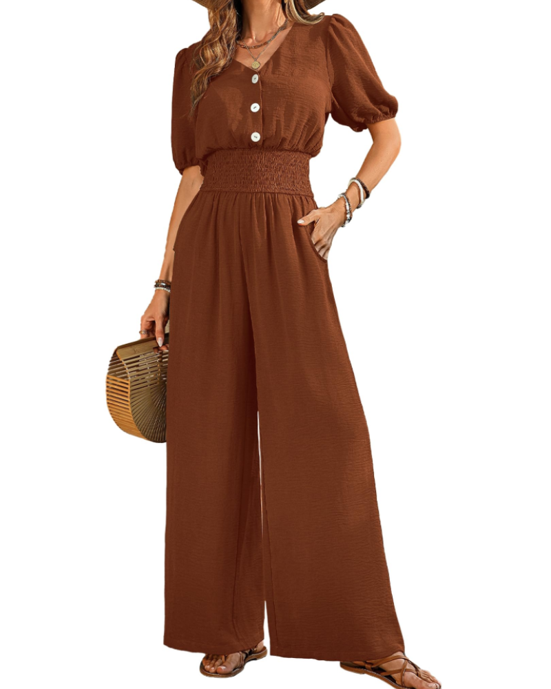 Stella Combinaison Femme Été – Col V Boutonné & Pantalon Large avec Poches