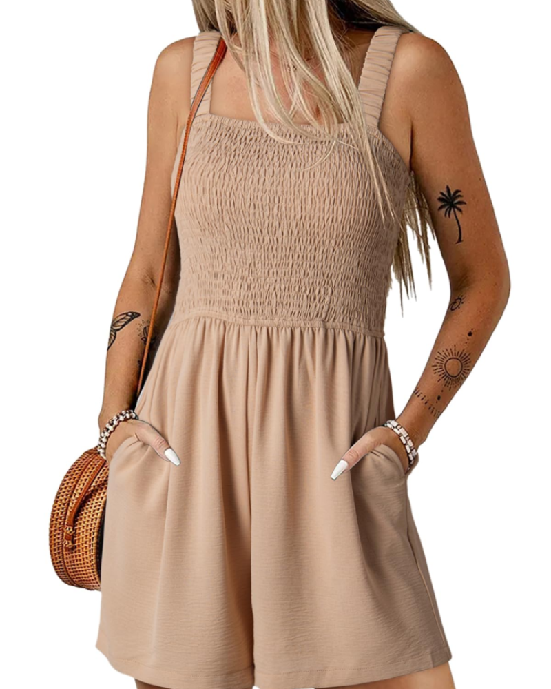 Savannah Damen-Sommer-Overall – Geraffter, quadratischer Ausschnitt mit Taschen