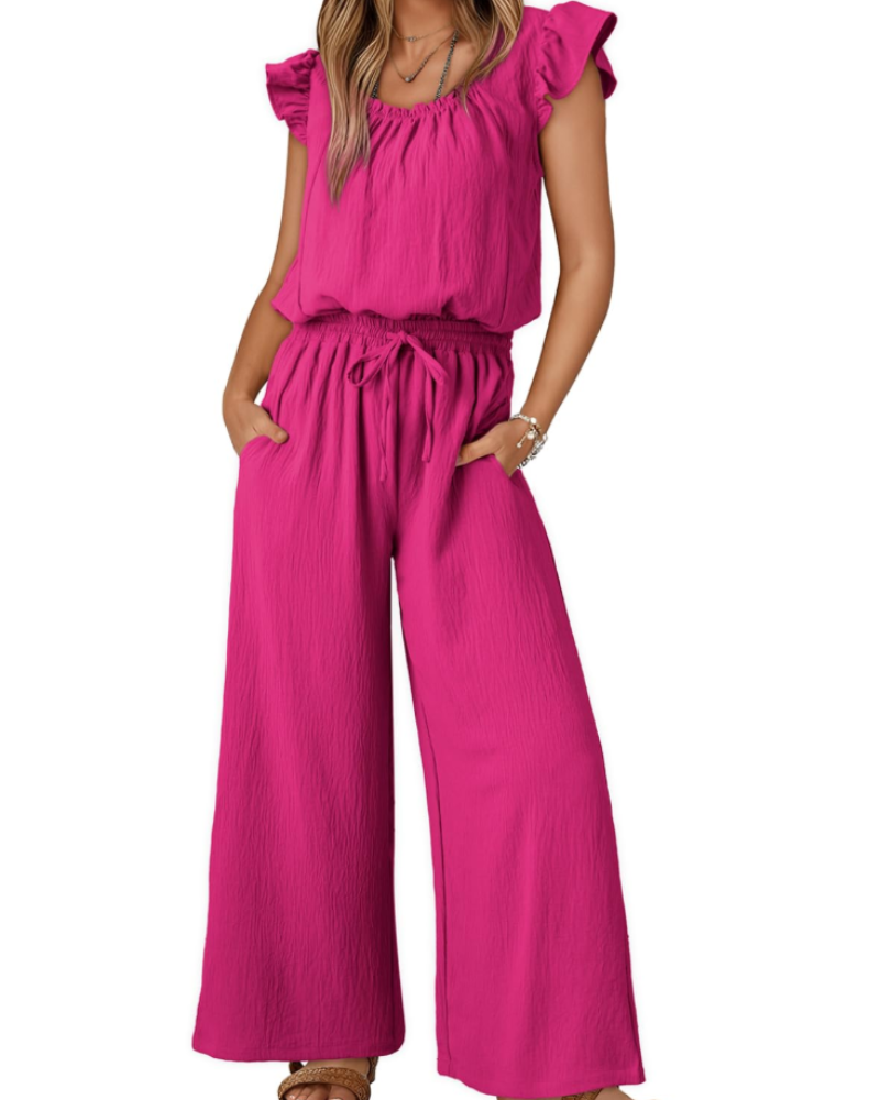 Hazel Damen-Sommeroverall – Volantärmel, eckiger Ausschnitt & weiter Hosenbein