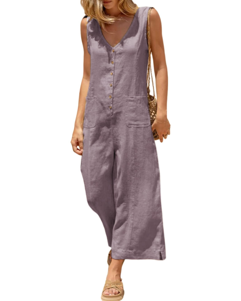 Grace Combinaison Femme Été – Lin Coton Col V Boutonné avec Poches