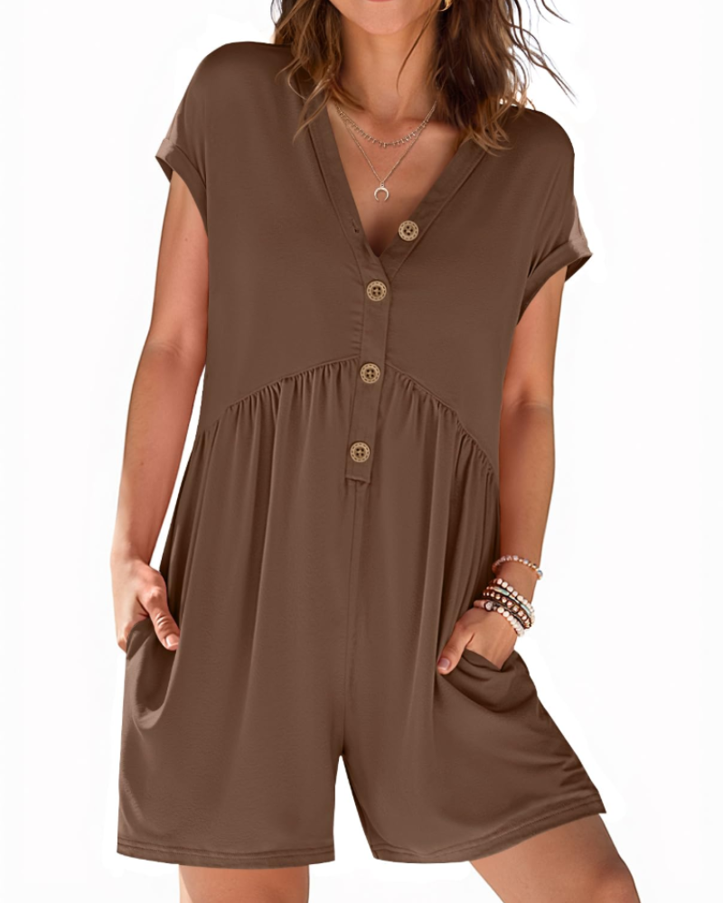 Audrey Combishort Femme Été – Col V Boutonné & Taille Élastique avec Poches