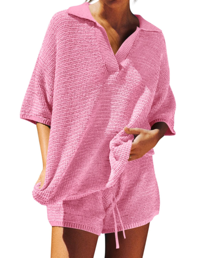 Chloe Ensemble Femme Lounge – Pull Col V Oversize & Short Taille Haute