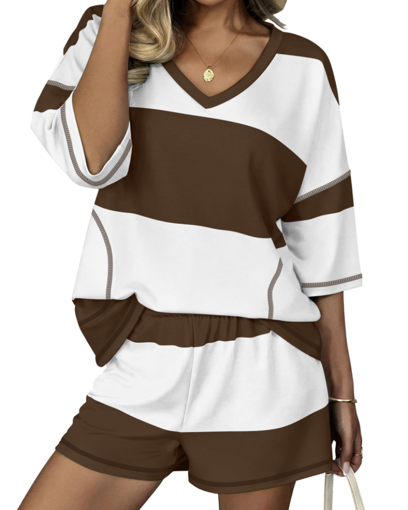 Grace Women's Summer Set – Oversized Striped Shirt & Casual Lounge Shorts
