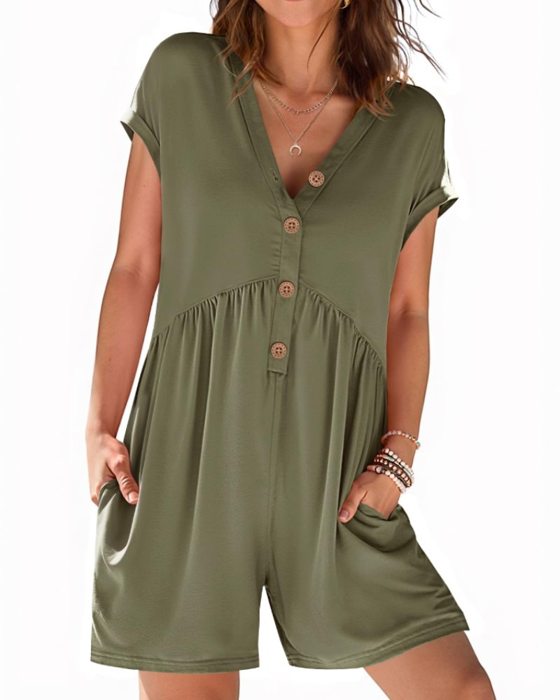 Audrey Combishort Femme Été – Col V Boutonné & Taille Élastique avec Poches