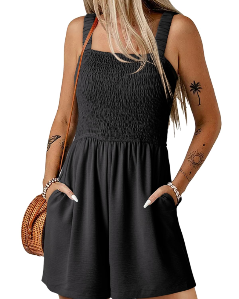 Savannah Damen-Sommer-Overall – Geraffter, quadratischer Ausschnitt mit Taschen