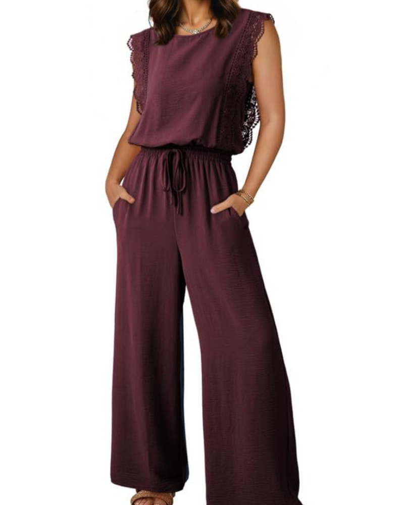 Eleanor Combinaison Femme Été – Dentelle Manches Courtes & Pantalon Large