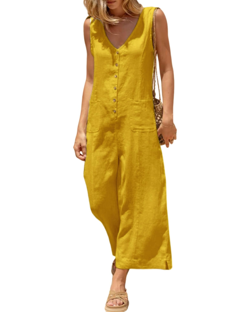 Grace Combinaison Femme Été – Lin Coton Col V Boutonné avec Poches