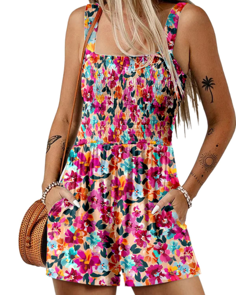 Savannah Damen-Sommer-Overall – Geraffter, quadratischer Ausschnitt mit Taschen
