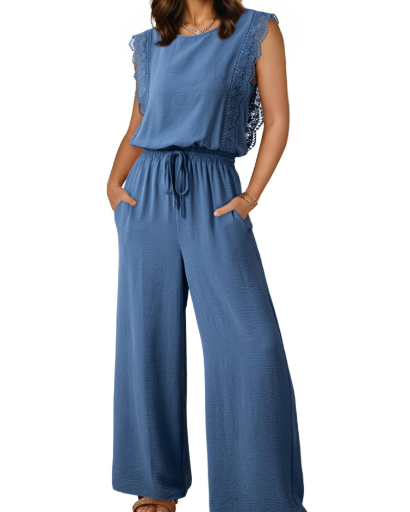 Eleanor Combinaison Femme Été – Dentelle Manches Courtes & Pantalon Large