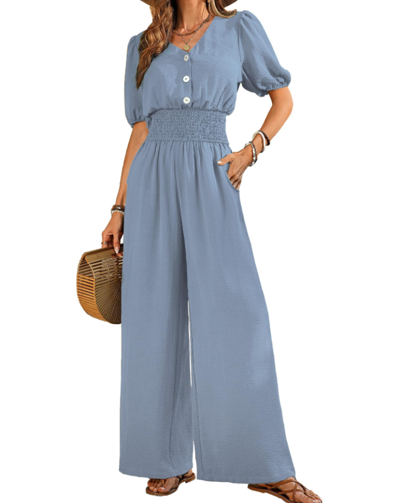 Stella Combinaison Femme Été – Col V Boutonné & Pantalon Large avec Poches