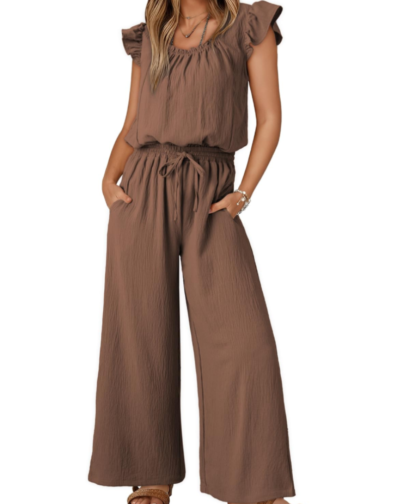 Hazel Damen-Sommeroverall – Volantärmel, eckiger Ausschnitt & weiter Hosenbein