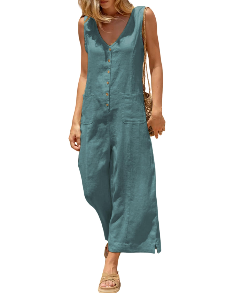 Grace Combinaison Femme Été – Lin Coton Col V Boutonné avec Poches
